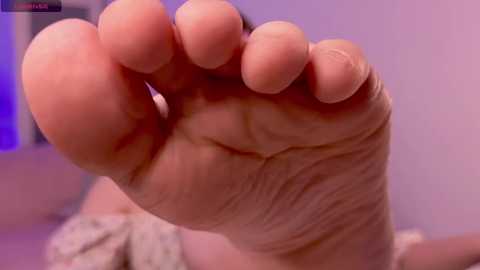 Media: A close-up video of a light-skinned foot with visible wrinkles and calluses, placed centrally in the image. The background is blurred, with purple and blue hues.