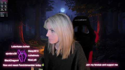 Media: A video of a young woman with straight blonde hair, wearing a dark top, standing in a dark, mystical forest. The background features a full moon, red glowing trees, and a black, red-eyed creature. Text overlay includes chat messages and a purple \"Follow\" button.