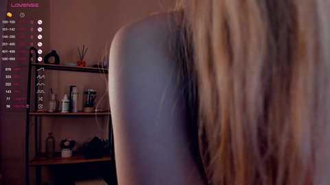 Media: Video of a nude woman with long blonde hair, viewed from behind, in a dimly lit room. Background features a shelf with various cosmetics and a screen displaying social media metrics.