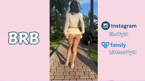 Media: Video of a woman in a striped crop top and short white skirt, standing barefoot on a brick path, surrounded by palm trees, with social media icons in the background.