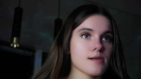 Media: Video of a young woman with fair skin, long brown hair, and brown eyes, looking directly at the camera in a dimly lit room with hanging black lamps and indistinct background.