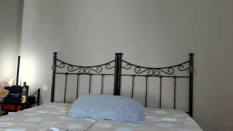 Media: Video of a minimalist bedroom with a black wrought iron bed featuring a curved headboard, a light blue pillow on a white polka-dotted bedspread, and a beige wall.