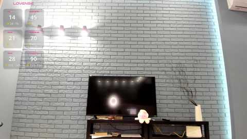 Media: Video of a modern living room with a gray brick wall, a flat-screen TV, a black console table, and a vase with a pink flower, featuring a virtual reality overlay with a calendar and weather display.