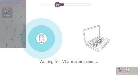 Media: A digital illustration depicts a smartphone with a camera icon and a laptop with a Wi-Fi connection symbol, overlaid on a white background. Text below reads, \"Waiting for IVCam connection...\