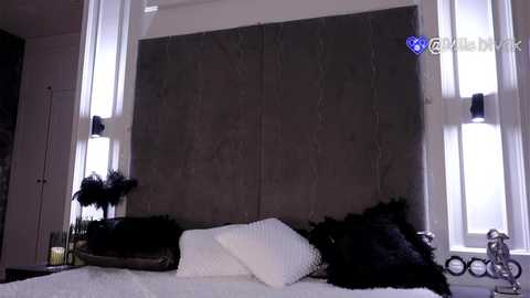 Media: Video of a modern, minimalist bedroom with a dark grey, textured headboard, white bedding, and two black feather pillows. White walls and floor lamps flank the bed.