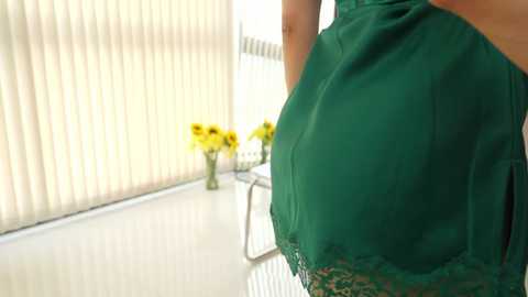 Media: A close-up video of a pregnant woman wearing a green lace dress, with a blurred background featuring vertical blinds and a vase of bright yellow sunflowers.