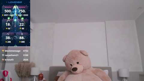 Media: Video of a white teddy bear in a modern bedroom, with a digital overlay displaying live stream details from \"Loveness\" and \"Blacksunage.\