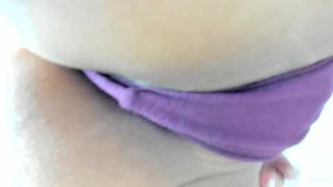 Media: A close-up video of a woman's upper thigh and buttock, wearing a purple thong bikini. The image is slightly out of focus, emphasizing the texture of the skin and fabric.