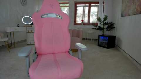 Media: Video of a pink, ergonomic gaming chair with a round, illuminated vanity mirror and a green potted plant in a minimalist, white-walled room with a window and a black TV stand.