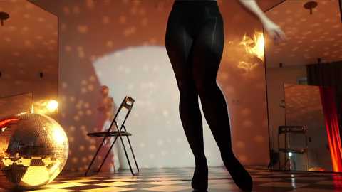 Media: Video of a woman in black tights and high heels dancing on a stage with a disco ball, spotlight, and shadowy background.