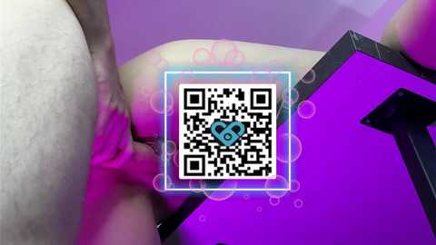 Media: A digital image features a close-up of a nude, light-skinned woman's vulva, partially obscured by a QR code. The background is a gradient of purple and pink with bubble effects.