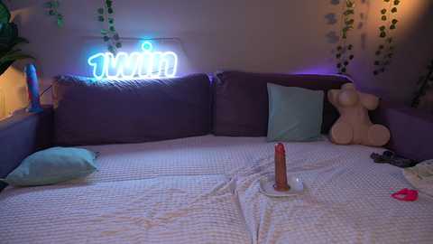 Media: A dimly-lit video of a cozy bedroom featuring a purple sectional sofa, a neon \"Vibe\" sign, plush toys, and a realistic dildo on a white blanket.