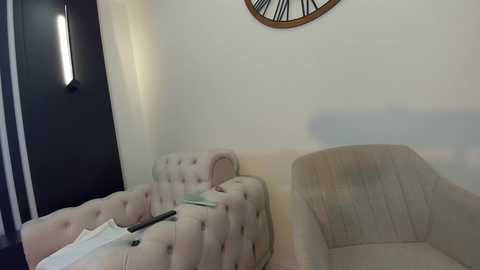 Media: A video of a dimly lit living room featuring a beige tufted couch with a white blanket and a remote control on it, a circular wall clock, and a modern vertical lamp on the left wall.