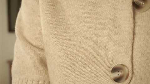 Media: A close-up video of a beige cardigan with a round, metallic button and subtle texture, featuring a light-colored, possibly blurred background.