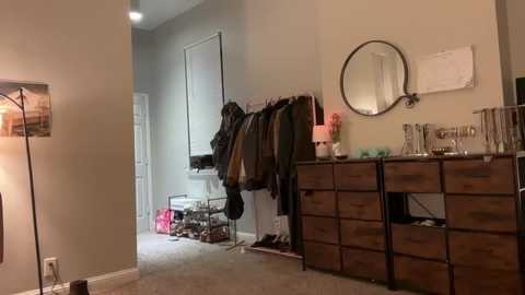 Media: Video of a modern bedroom with a beige wall, wooden dresser, coat rack, mirror, and shelves holding decorative items, a lamp, and shoes.