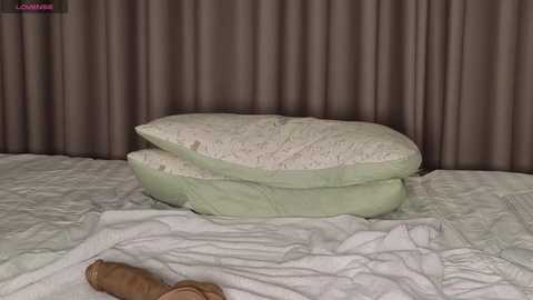 Media: A video of a neatly made bed with a green pillow and a beige pillow, covered by white sheets and brown curtains.