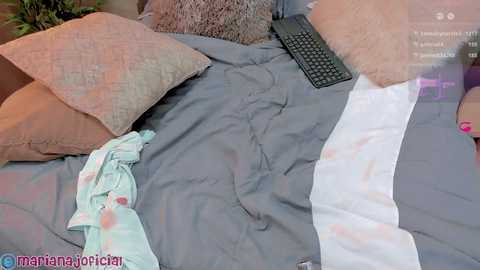 Media: Video of a messy bed with a gray quilt, a black remote, a turquoise bra, and a fluffy pillow.