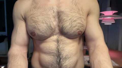 Media: Video of a shirtless, muscular man with a hairy chest, standing indoors. His skin is fair, and he has a defined abdomen and pectoral muscles. Background includes a ceiling fan and a window with blinds.