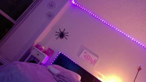 Media: Video of a bedroom with purple LED strip lighting, a black spider decal on the wall, a \"GIRL\" sign, a white bedside table, and a bed with pink and white bedding.