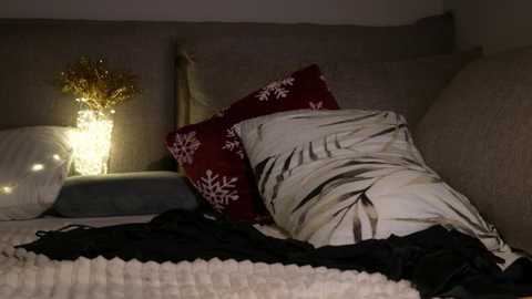 Media: Video of a dimly-lit bedroom with a cozy, gray sofa and a red pillow adorned with white snowflakes. A white, wrinkled blanket covers a person sleeping, while a golden string of lights twinkles in the background.