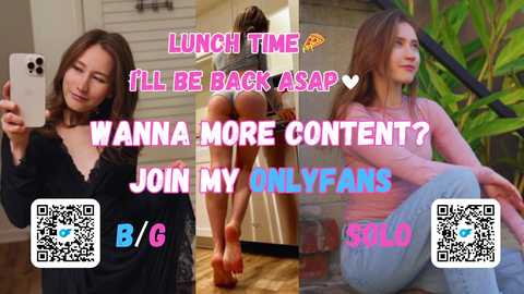 Media: Photomontage featuring a young woman with long brown hair, wearing a black dress, posing seductively in two different photos. Text overlay reads, \"LUNCH TIME I'LL BE BACK ASAP\" and \"WANNA MORE CONTENT? JOIN MY ONLYFANS.\