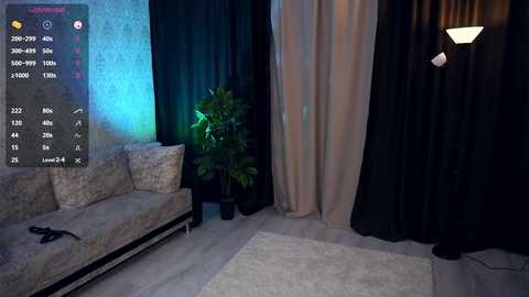 Media: A video of a dimly lit, modern living room with a beige sofa, black curtains, a green potted plant, and a sleek floor lamp, captured in a virtual reality view.