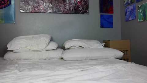 Media: A video of a minimalist bedroom with white bedsheets and pillows, a gray wall adorned with abstract art, and a wooden box in the corner.