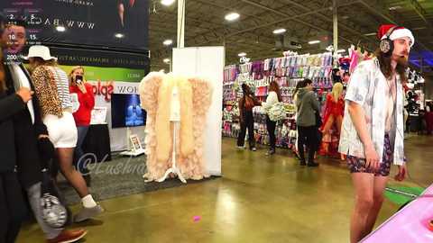 Media: Video of a bustling convention hall, featuring a person in a Santa hat, colorful merchandise, and a large, plush, pink teddy bear.