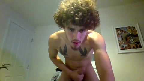 Media: Video of a young, muscular, light-skinned man with curly brown hair and tattoos of birds on his chest, performing a blowjob on a man's erect penis. Background features a bedroom with a door, white walls, and a poster.