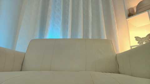 Media: A video of a cozy living room with a white leather sofa and sheer white curtains. The background features a soft, warm light and a decorative white bookshelf. The setting exudes a clean and minimalist aesthetic.