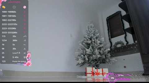 Media: Video of a minimalist, modern room with a small, snowy Christmas tree, decorated with red ribbons, and a large black-framed mirror. A digital screen shows a live video feed of a man's legs, wearing black pants, standing near the tree.