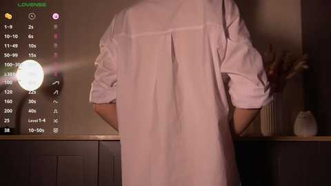 Media: A video of a person wearing a sheer white blouse, viewed from behind, in a dimly lit room with a clock and plant in the background.