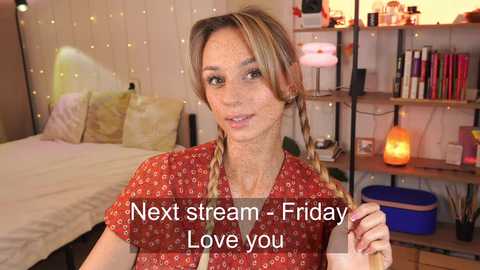 Media: Video of a fair-skinned woman with blonde braids, wearing a red floral dress, in a cozy, warmly lit bedroom with fairy lights, a bed, and bookshelf. Text reads \"Next stream - Friday Love you.\