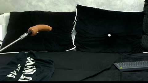 Media: A video of a black bed with two black pillows and a beige cane, a black shirt, and a black keyboard on the bed.