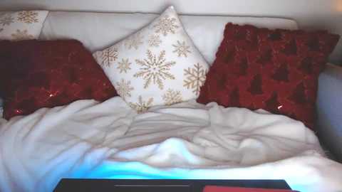 Media: Video of a cozy bed with white sheets, a red sequined pillow, and a white pillow with gold snowflake pattern, set against a plain white wall.