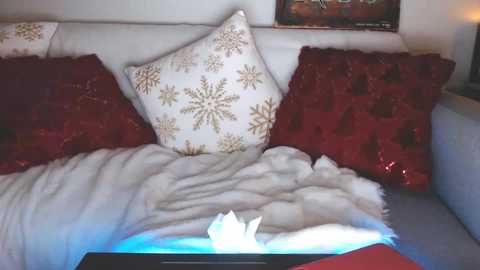 Media: Video of a cozy living room with a white couch covered in red and white throw pillows, a beige blanket, and a lit fireplace in the background.