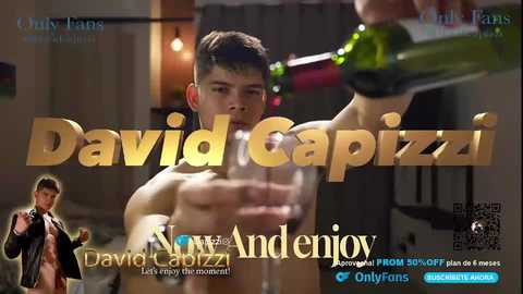 Media: Video promoting David Capuzzi's OnlyFans account, featuring a muscular, shirtless young man with short brown hair, holding a green bottle. Text overlays include \"David Capuzzi\" and \"Now Underjoy.\