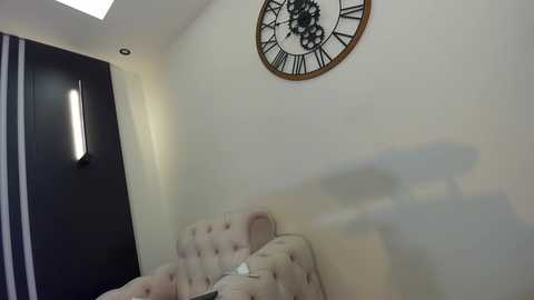 Media: Video of a modern, minimalist room with a beige tufted couch against a white wall. A large, ornate clock with Roman numerals hangs above. A dark door with vertical stripes and a vertical light strip is visible on the left.