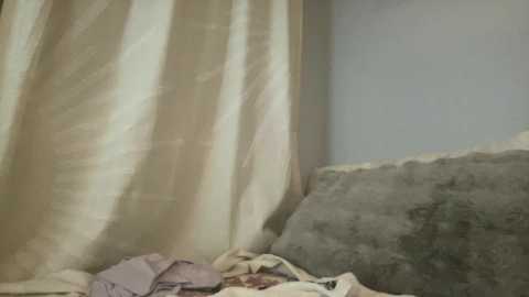 Media: Video of a messy bedroom with a beige curtain, a grey fluffy pillow, and scattered clothes on the bed. The room has a muted color palette with soft, diffused lighting.