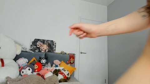 Media: Video of a person's hand tossing a stuffed animal onto a bed with a grey headboard. The bed is cluttered with various plush toys, including a panda, a bear, and a red character. A closed white door is in the background.