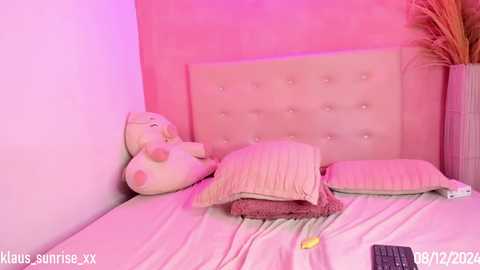 Media: A video of a pink-themed bedroom with a tufted headboard, plush toys, and a laptop on a bed, bathed in soft pink lighting.