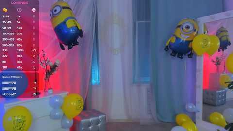 Media: A video of a lively, whimsical birthday party with a Minion theme. Balloons, streamers, and a large Minion cutout decorate the room, creating a festive atmosphere.