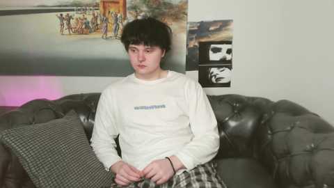 Media: Video of a young, pale-skinned man with dark hair and glasses, wearing a white long-sleeve shirt and plaid pajama pants, sitting on a dark gray tufted couch. The background features a poster of a group of people and a black and white portrait.