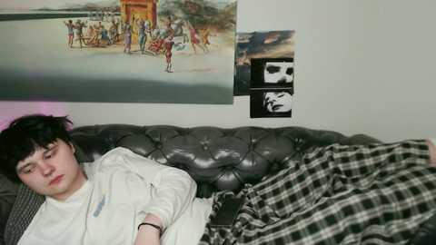 Media: Video of a teenage boy with messy black hair, wearing a white shirt, lying on a gray tufted leather couch with a plaid blanket, surrounded by colorful posters on a plain white wall.