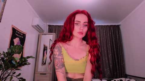 Media: Video of a young woman with long, wavy red hair, fair skin, and a yellow crop top with a floral pattern. She has a large tattoo sleeve and stands in a dimly lit room with white walls, a potted plant, and a poster.