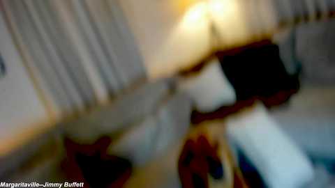 Media: A blurred video of a woman in a red dress lying on a bed with a white pillow, with a lamp and window in the background.