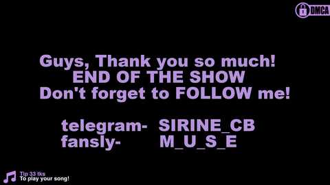 Media: A digital image featuring bold, purple text on a black background, thanking \"guys\" for watching the show, with references to \"Don't forget to follow me!\" and \"tumblr-sirinecbmuse.\