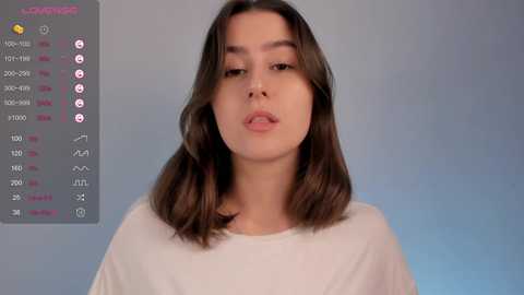 Media: Video of a young woman with straight brown hair, wearing a white shirt, against a plain background. The image includes a digital overlay with a \"Live\" label and various statistics.