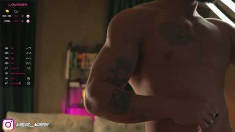 Media: Video of a shirtless, muscular man with tattoos, standing in a dimly lit room. His right hand rests on his hip. In the background, a green curtain and a bookshelf are visible.