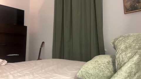 Media: Video of a minimalist bedroom with a beige bed, green curtains, a dark wooden dresser, and a small framed painting on the wall.